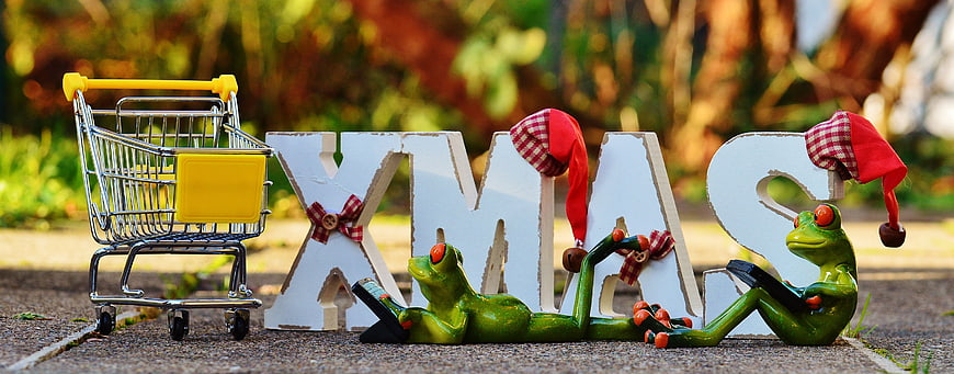 Christmas Shopping Concept with Frogs and Trolley