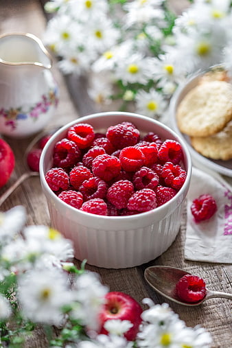 Fresh Raspberries in White Bowl with Daisies