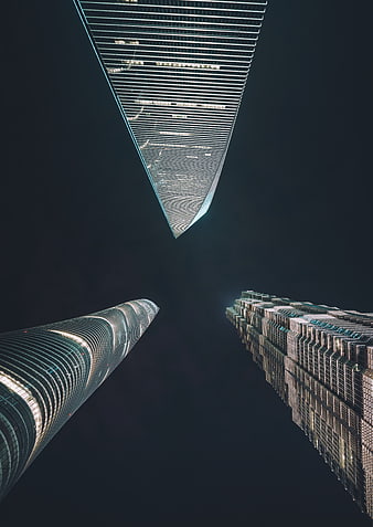 Low angle night view of Shanghai skyscrapers