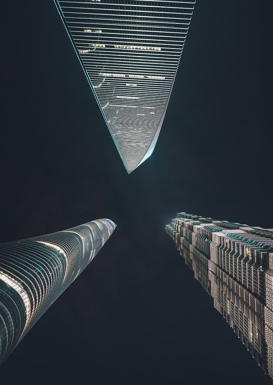 Low angle night view of Shanghai skyscrapers