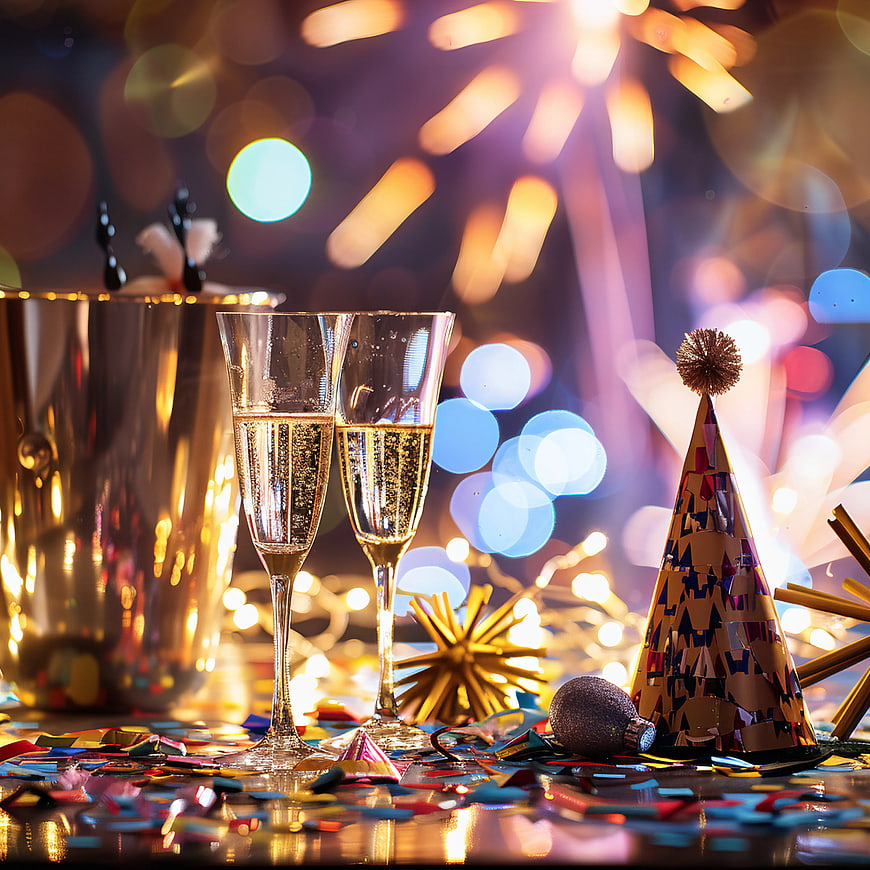 Champagne Toast with Fireworks and Confetti Background