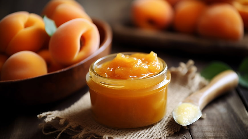 Homemade Apricot Jam in Glass Jar with Fresh Fruit