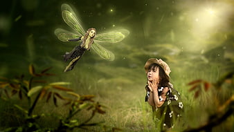 Magical Fantasy Girl and Fairy in Green Forest