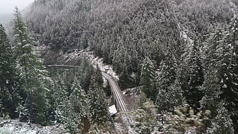 Snowy Mountain Railway Winding Through Alpine Forest