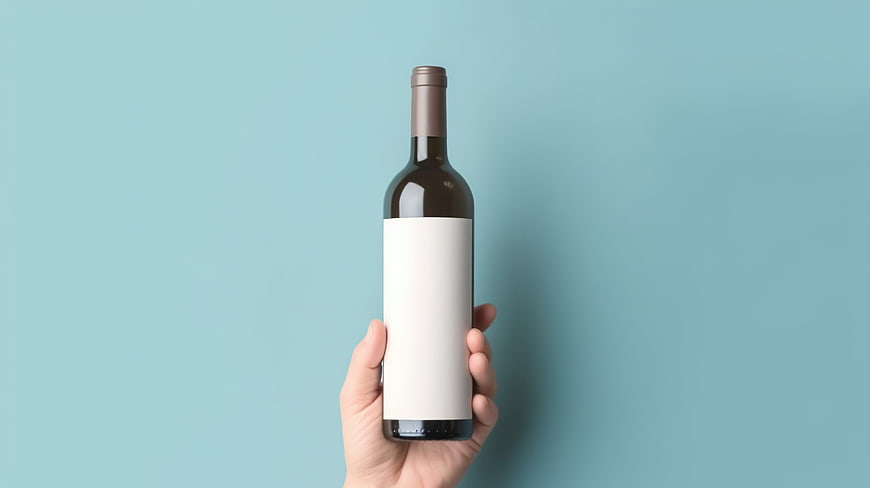 Hand holding wine bottle mockup on blue background