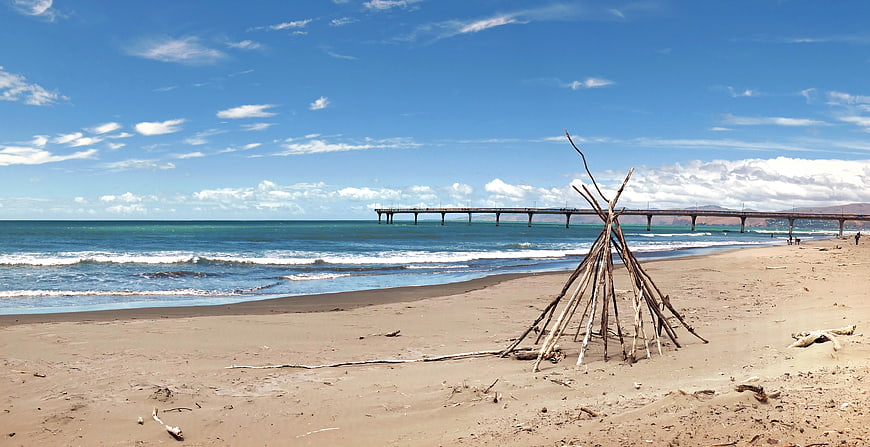 Beach Hut Driftwood Structure with Ocean Pier Background