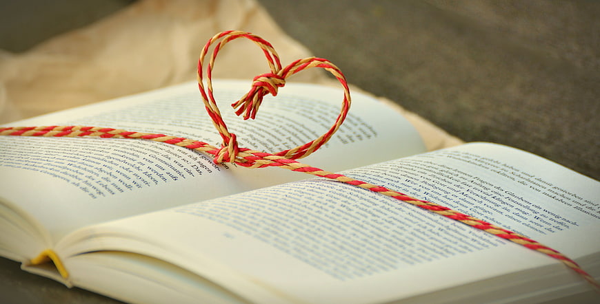 Red and beige heart knot on open book