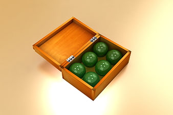3D Wooden Box with Green Spheres on Beige Background