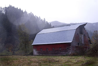 Old red barn in foggy rural landscape with forest