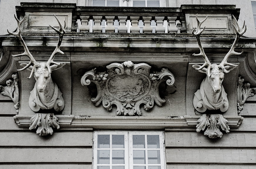 Black and white architectural detail of deer head sculptures on a historic building facade