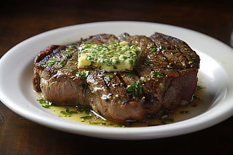 Juicy Grilled Steak with Herb Butter on White Plate