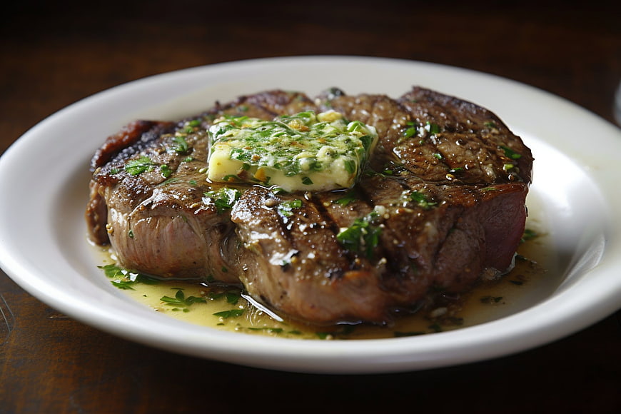 Juicy Grilled Steak with Herb Butter on White Plate