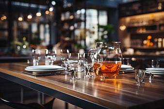 Modern restaurant table setting with amber drink and glassware