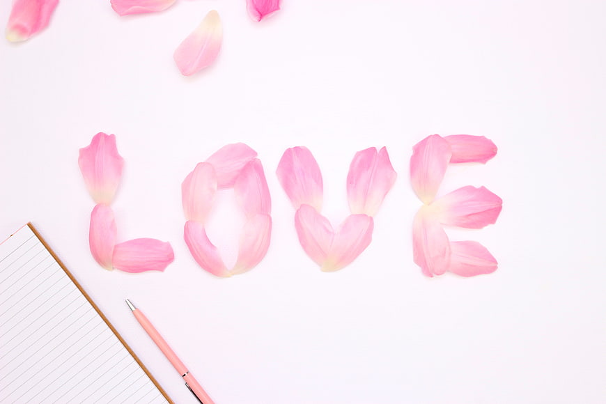 Pink flower petals spelling LOVE on white background with notebook