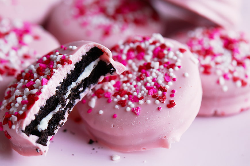 Pink Chocolate Covered Cookies with Sprinkles