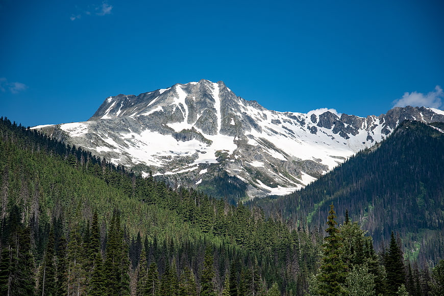 Snow-Capped Mountain Peak with Pine Forest and Blue Sky