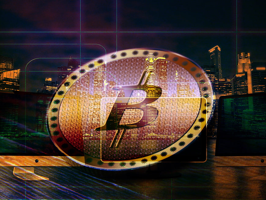 Bitcoin Coin Graphic Over Digital Cityscape And Computer Monitors