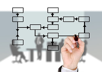 Hand drawing business flowchart on glass with blurred meeting background