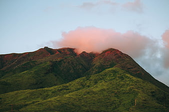 Green Mountain Peak with Pink Sunset Clouds