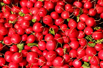 Fresh Red Radishes With Green Leaves In Market Pile