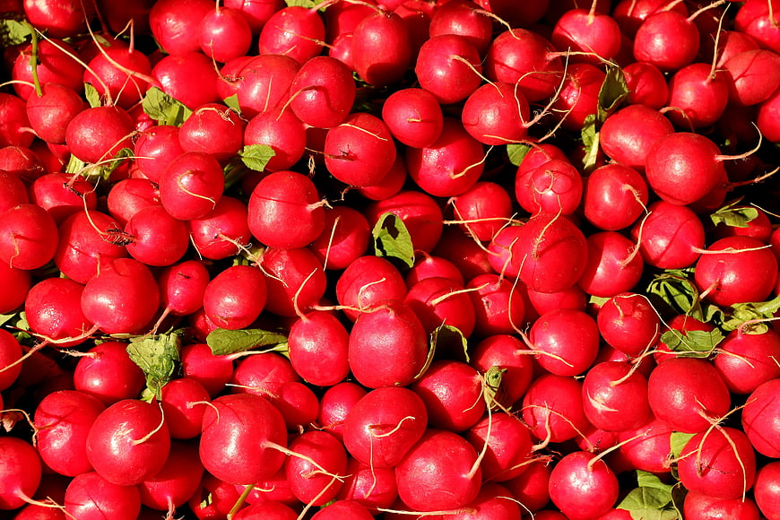 Fresh Red Radishes With Green Leaves In Market Pile