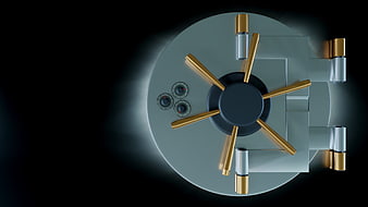 3D Render of a Modern Bank Vault Door with Gold Spokes