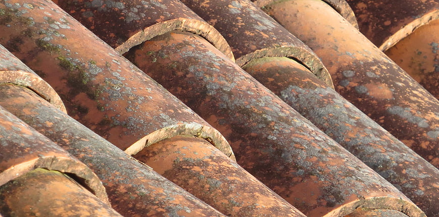 Close-up of weathered terracotta roof tiles with moss texture