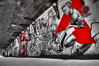 Red and Black Street Art Mural in Urban Tunnel
