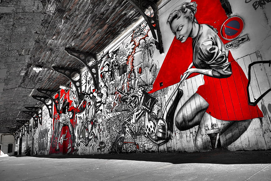 Red and Black Street Art Mural in Urban Tunnel