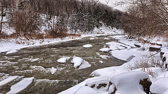 Snowy River Flowing Through Winter Forest Landscape