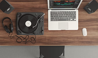 Top View DJ Turntable and Laptop Workspace Setup