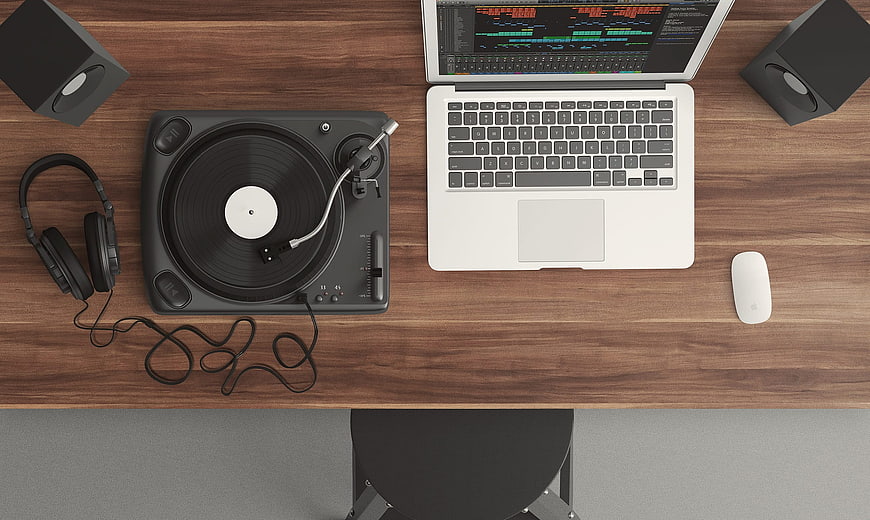 Top View DJ Turntable and Laptop Workspace Setup