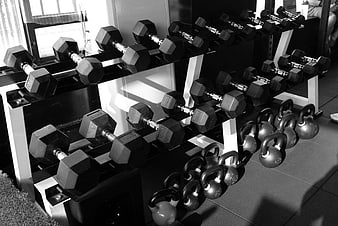 Black and white gym dumbbells and kettlebells on rack