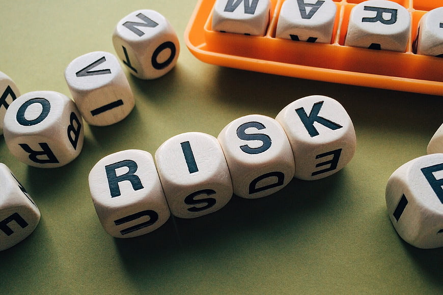 Wooden Dice Spelling Risk on Green Background