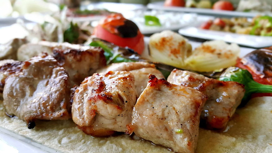 Close-up of grilled chicken kebab with vegetables on flatbread
