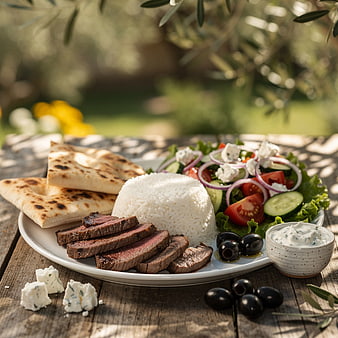Mediterranean Grilled Steak Plate with Rice and Salad