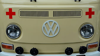 Front View Of Vintage Volkswagen Ambulance With Red Cross Markings