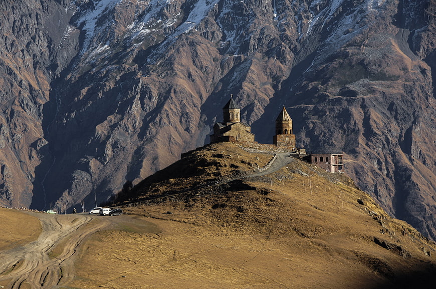 Gergeti Trinity Church on Mountain Ridge in Georgia