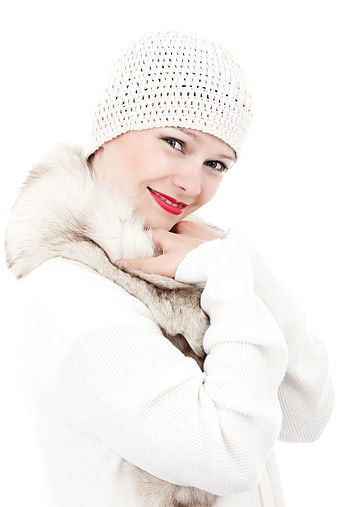 Smiling Woman in White Knit Hat and Fur Coat