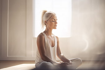 Serene blonde woman meditating in sunlit room