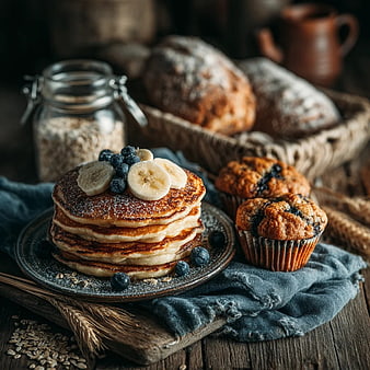 Rustic Breakfast with Pancakes, Muffins, and Fresh Fruit