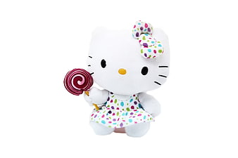 Cute Hello Kitty Plush Toy with Lollipop on White Background