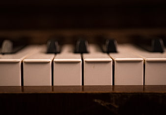 Close-up of vintage piano keys with shallow depth of field