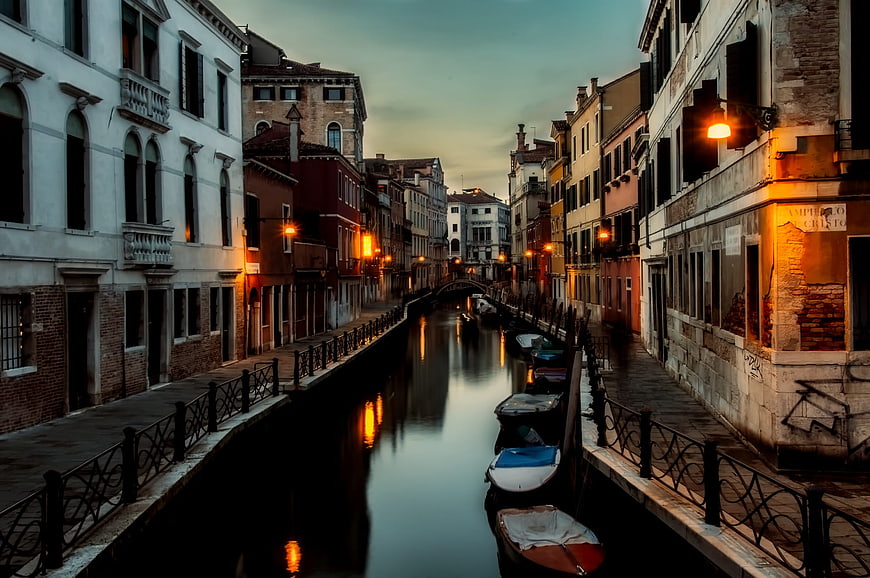 Venice Canal at Dusk with Boats and Reflections