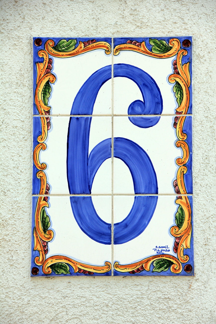 Traditional Hand-Painted Ceramic Tile House Number Six