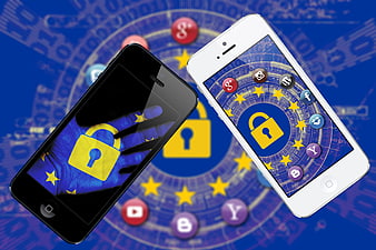 Smartphones with Lock Icons on Blue Digital Network Background