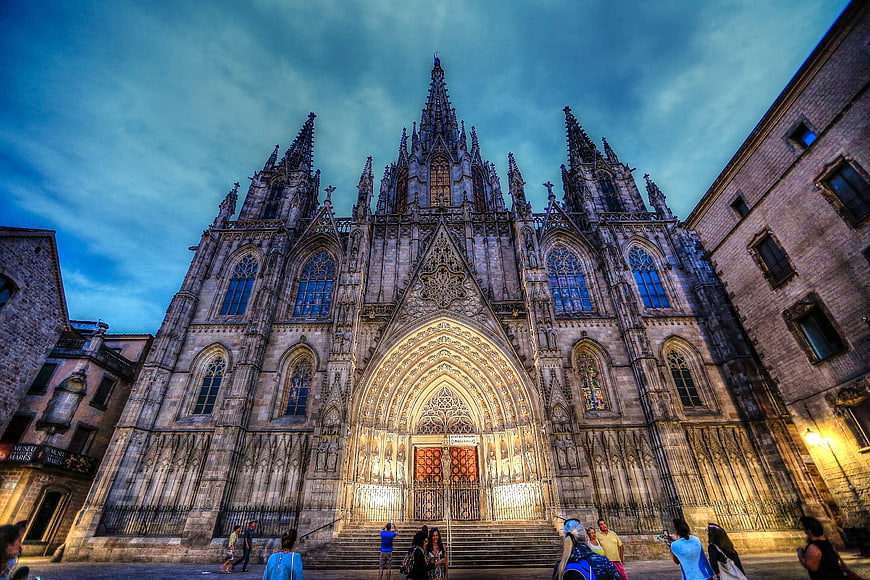 Gothic Cathedral Facade at Dusk in Barcelona