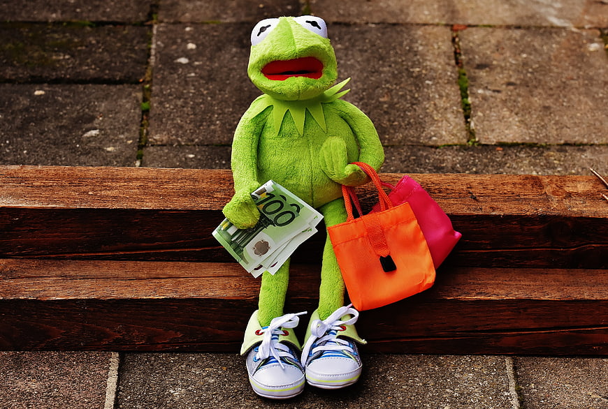 Kermit the Frog Plush Holding Euro Banknotes and Shopping Bags on Bench