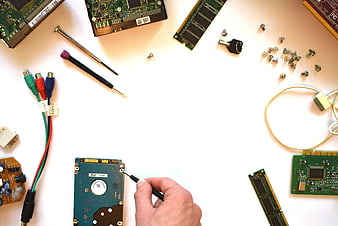 Computer Hardware Repair Flat Lay With Technician Hand
