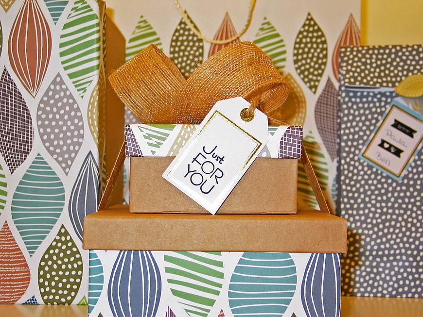 Stacked Gift Boxes with Gold Ribbon and Just For You Tag